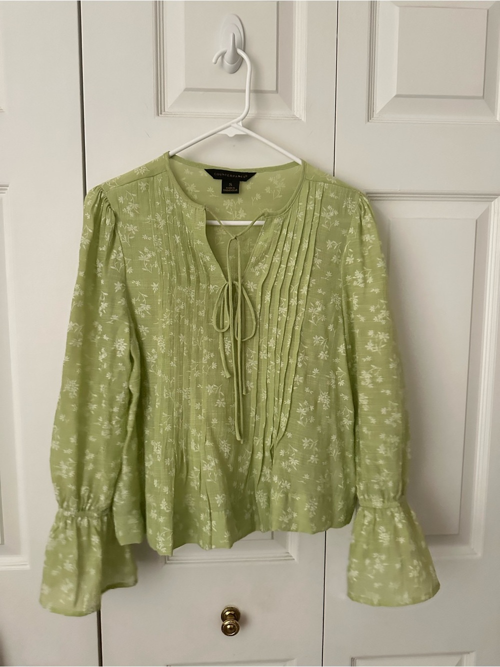 Counterparts Light Green Floral Pintuck Tie-Neck Blouse